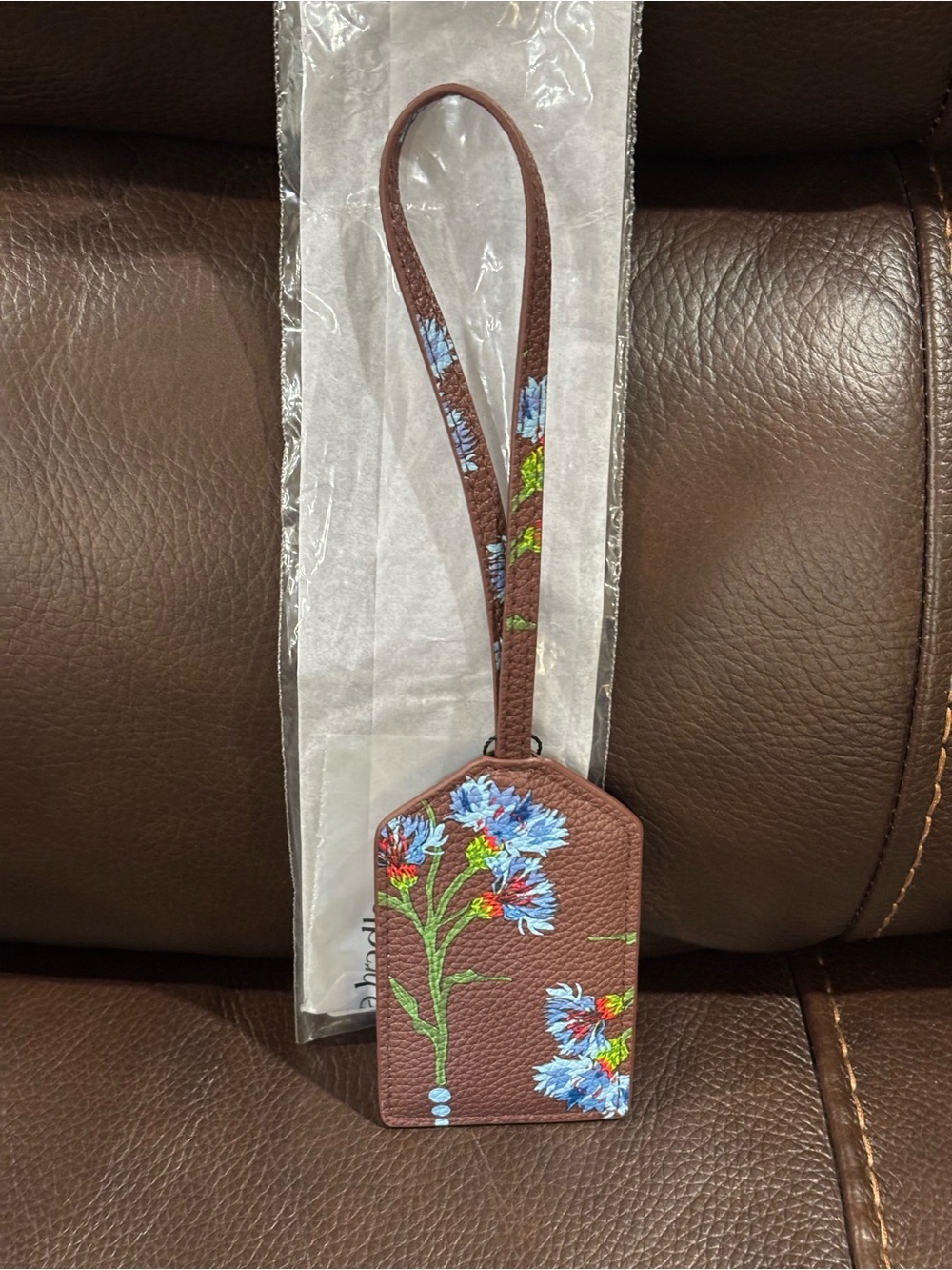 Vera Bradley Brown Floral Essentials Luggage Tag with Blue Flowers